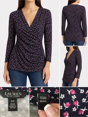 Lauren Ralph Lauren Floral Ruched Wrap Top Navy Pink Stretch Blouse Size Small